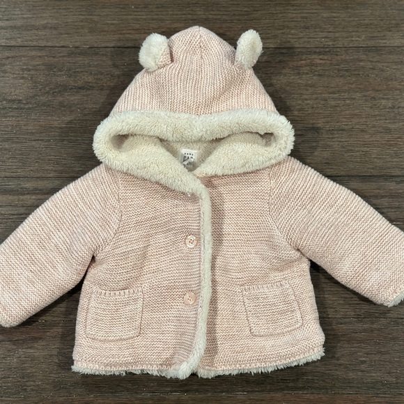 Baby Gap Girls Pink Knit Hooded Cardigan Sweater jacket fleece lined 3-6 mo GUC - Picture 1 of 6